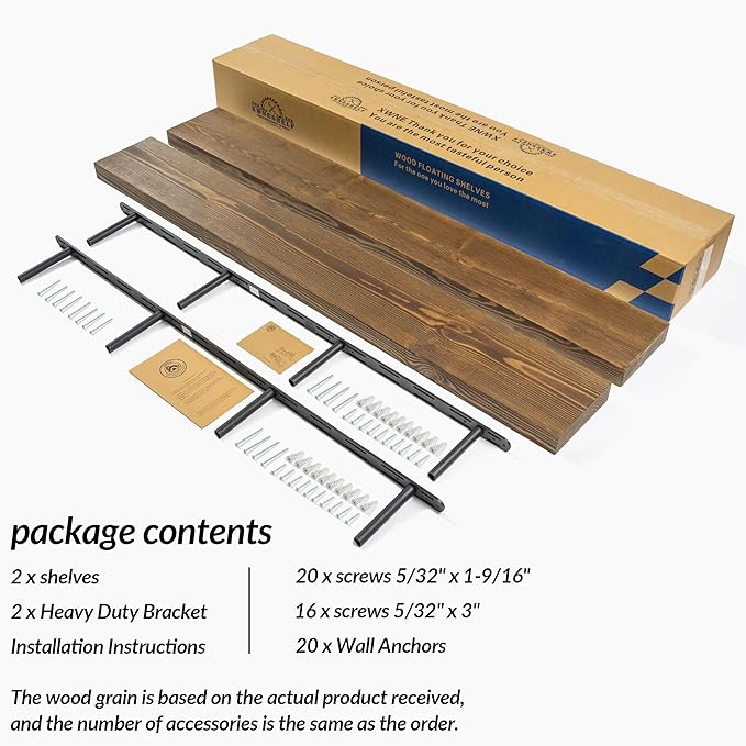 Walnut Floating Shelves 60 Inch Long 8-in Deep Set of 2, High End Real Solid Wood Floating Shelves for Wall,Suitable for Kitchen and Coffee Bar, with Sturdy Hidden Bracket