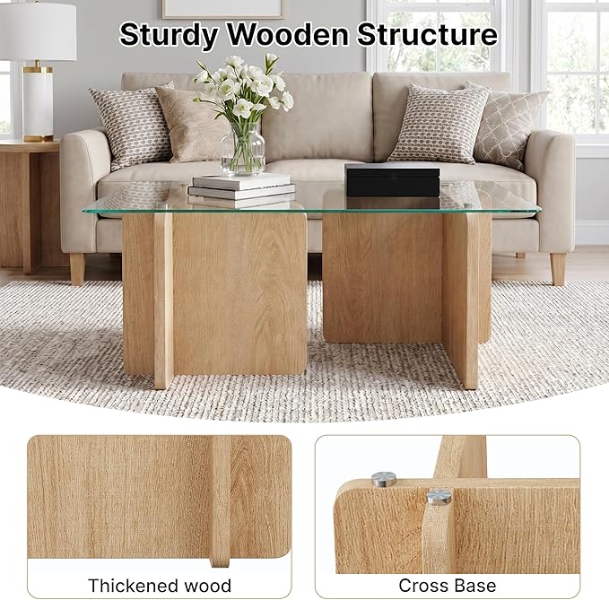 Modern Glass Coffee Table, 39.4 Inches Rectangular Center Tables for Living Room, Coffee Table with Wood Cross Base Easy Assembly Natural