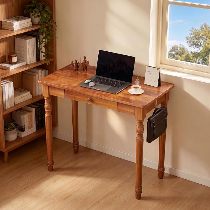 100% Solid Wooden Desk with Drawers - 31.5” Mid Century Modern Desk with 2 Hooks, Vintage Writing Desk with Drawers, Simple Work Study Table for Bedroom & Home Office - Walnut Color