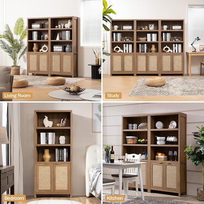 SICOTAS Bookcase 71" Tall Bookshelf 5 Tier Rattan Boho Bookcase with Doors Storage Large Book Case Shelf Farmhouse Bookshelves Library Book Shelves for Living Room Bedroom Home Office Kitchen