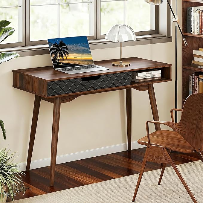 Giantex Mid Century Modern Desk, 42.5" Vintage Computer Desk with Storage Drawer & Rubber Wood Legs, Makeup Vanity Table, Wood Computer Workstation, Small Writing Desk for Bedroom, Small Space, Walnut