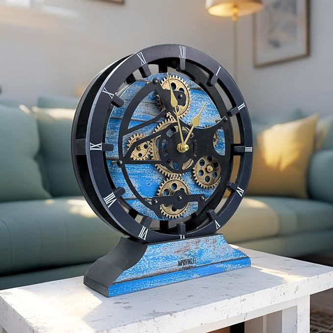ImprovingLife The Gears Clock Desk Clock 10 inches with Real Moving Gears Convertible into Wall Clock (Ocean Blue)