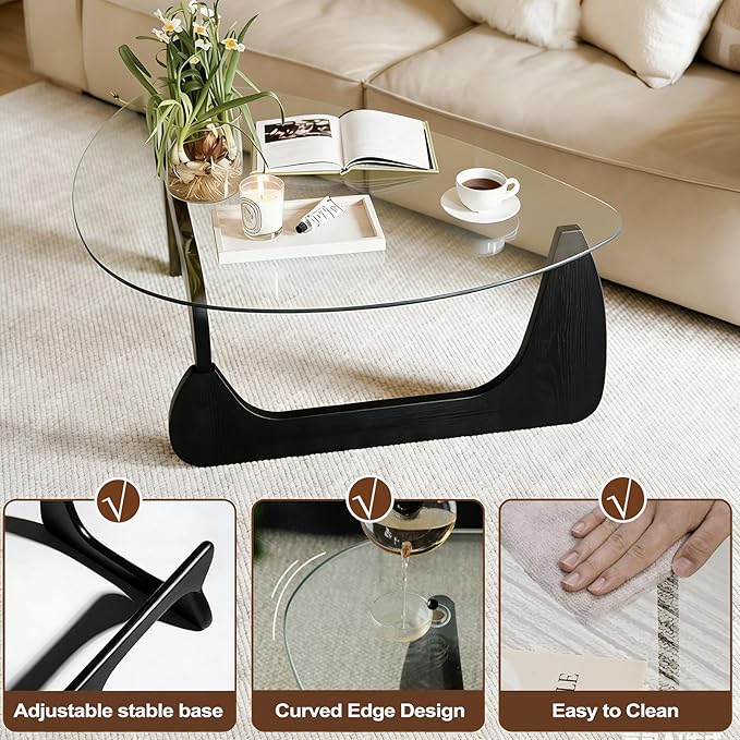Small Coffee Table, Mid Century Modern Center Table with Triangle Tempered Glass Top and Wood for Living Room, Small Spaces