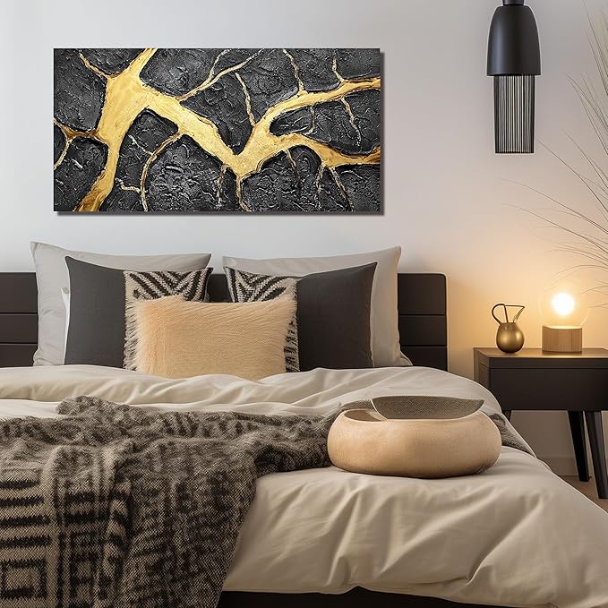 DNIEOTU Abstract Wall Art for Living Room, Black and Gold Hand-Painted Canvas Wall-Decor for Bedroom, 3D Textured Paintings, Size 40 x 20 Inches