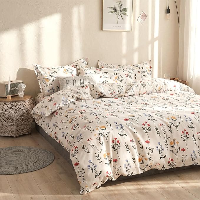Duvet Cover King Size - 100% Cotton Red and Yellow Floral Duvet Cover Set with Zipper Closure, 3 Pieces Soft & Breathable Botanical Bedding Set for All Seasons