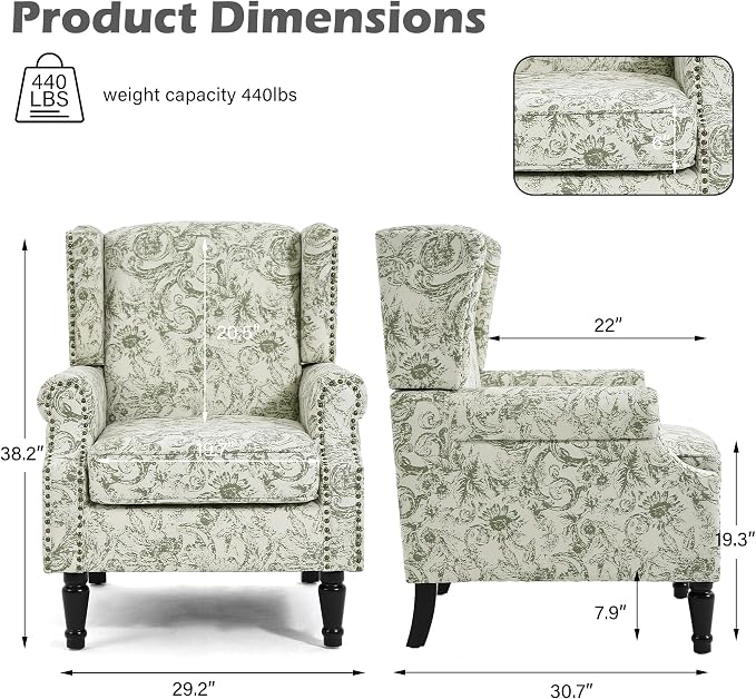 High Back Accent Chair, Fabric Upholstered Armchair for Living Room, Floral Printed Wingback Arm Chair with Solid Wood Legs, Retro Nailhead Trim Single Sofa Bedroom Reading Seat - Rococo Green
