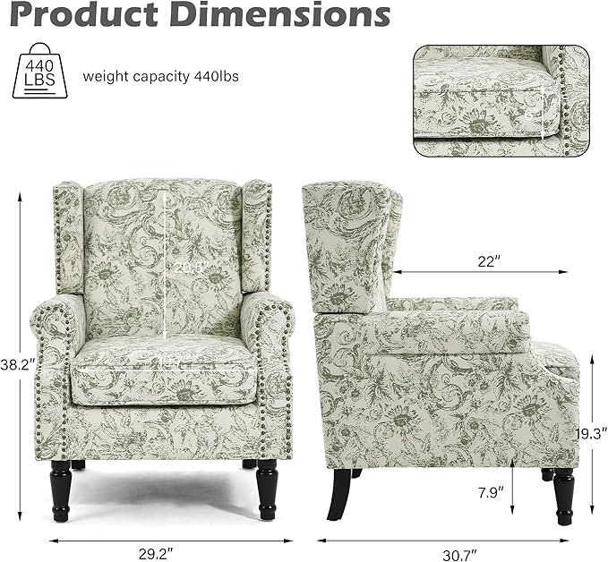 High Back Floral Accent Chairs Set of 2, Fabric Upholstered Armchair Wingback Arm Chair for Living Room, Nailhead Trim Single Sofa Bedroom Side Reading Seat with Solid Wood Legs - Rococo Green