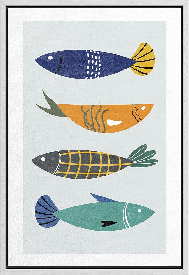 Woodrose Framed Canvas Print Wall Art Retro Pattern Vintage Fish Variety Animals Shapes Illustrations Modern Minimalist Chic Relax/Calm Multicolor for Living Room, Bedroom, Office - 24"x36" White