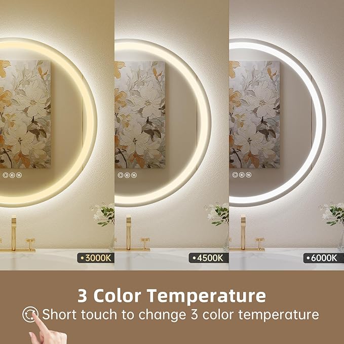 LOVESPEJO 32" Round LED Bathroom Mirror with Lights, Circle LED Mirror for Bathroom, Fogless, Dimmable, 3 Color Changing, Shatterproof