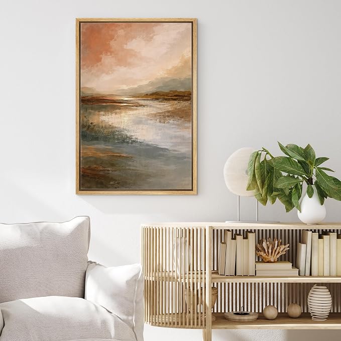 MUDECOR Framed Canvas Print Wall Art Warm Earth Tone Reflective Landscape Illustrations Minimalism Decorative Bohemian Zen for Living Room, Bedroom, Office - 24"x36" NATURAL