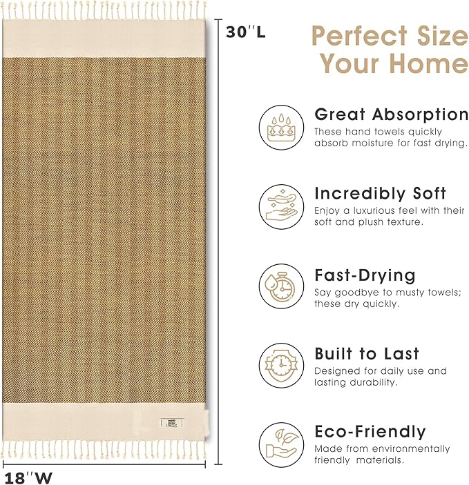 Hand Towels - Set of 2 | 18" x 30" - Decorative Turkish Hand Towel for Bathroom, Kitchen, Guest, Face, Hair, Tea, Dishcloth (Herringbone, Mustard)