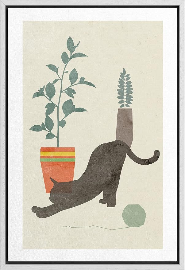 Woodrose Framed Canvas Print Wall Art Retro Black House Cat with Plants Animals Shapes Illustrations Modern Minimalist Chic Relax/Calm Multicolor for Living Room, Bedroom, Office - 16"x24" White