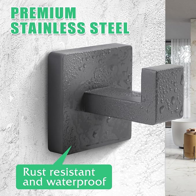 Heavy Duty Stainless Steel Towel Hooks, Wall Mounted Square Robe Hooks for Bathroom, Kitchen, Bedroom, Hotel 2 Pack Grey