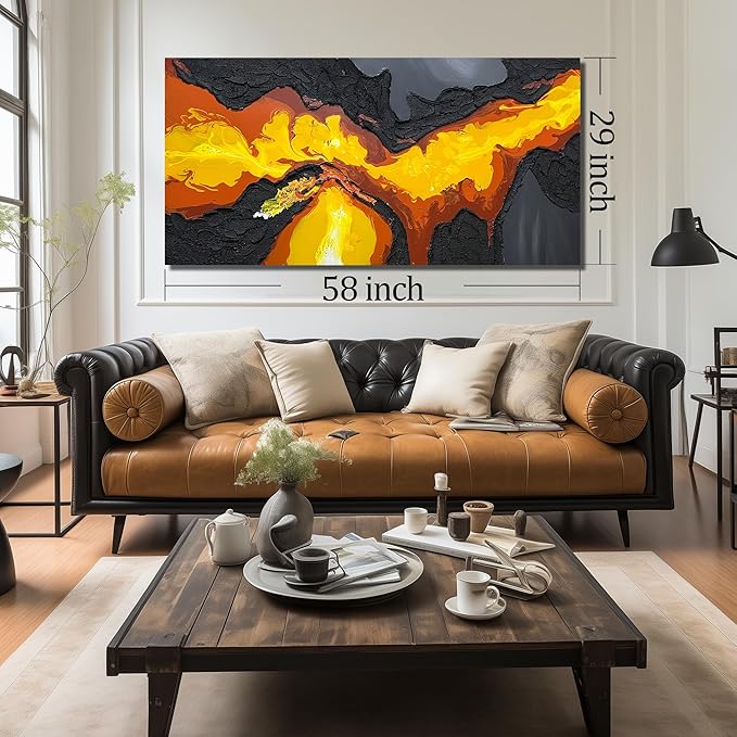 Abstract Lava Flow Canvas Wall Art for Living Room, Black and Gold Yellow Wall-Decor for Bedroom, Modern Textured Volcanic Landscape Paintings for Hallway Office, Size 58x29 Inches Hand Painted