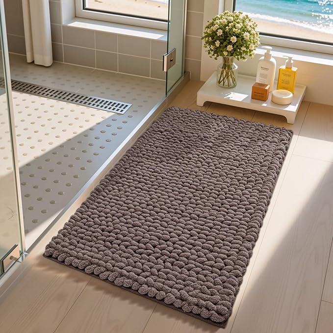 LUMI Luxury Bathroom Rug, Ultra Soft Quick Dry Bath Mat, Non-Slip Absorbent Thick Chenille Bath Rug, Cozy Braid Design Floor Mat for Bathtub, Sink, Laundry, Brown, 24"x36"