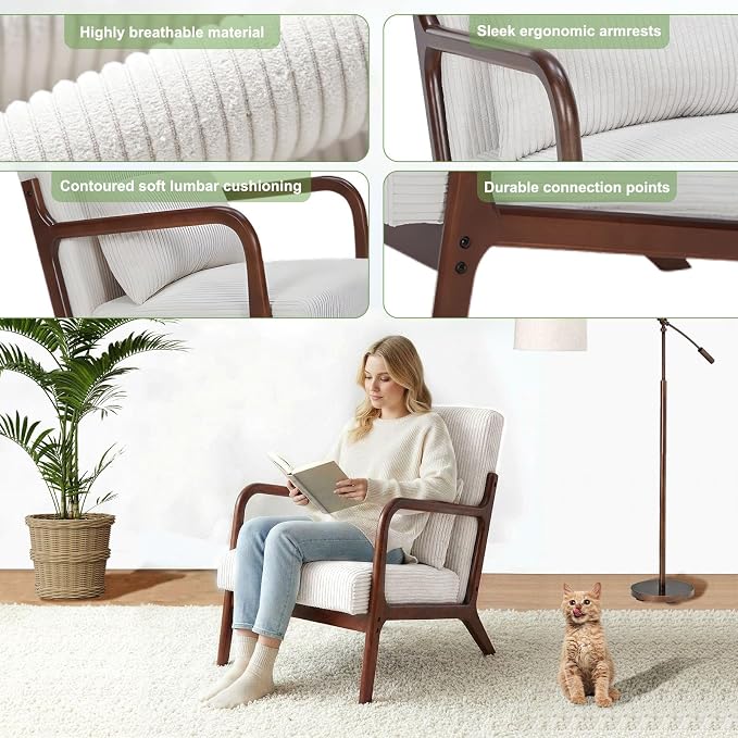 Mid Century Modern Accent Chair with Solid Rubberwood Frame, Comfy Corduroy Reading Armchair with Lumbar Pillow, Compact Lounge Chair for Bedroom, Living Room & Small Spaces