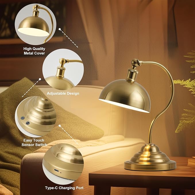 KARTOOSH Cordless LED Table Lamp Set of 2, Battery Operated Desk Lamps with Swing Arm & Plastic Shade, Vintage Small Rechargeable Dimmable Light for Bedroom, Living Room, Nightstand, Brass