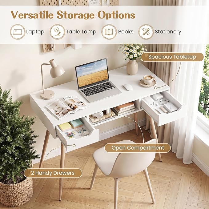 Giantex White Computer Desk with Drawers, 42.5" Minimalist Mid Century Modern Vanity Writing Desk with Open Storage Cubby & Metal Leg, Compact Wooden Study Table for Small Spaces Home Office (White)