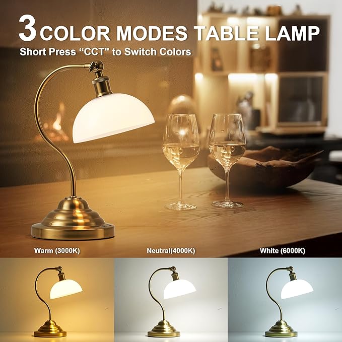 KARTOOSH Cordless LED Table Lamp Set of 2, Battery Operated Desk Lamps with Swing Arm & Plastic Shade, Vintage Small Rechargeable Dimmable Light for Bedroom, Living Room, Nightstand, Brass/White