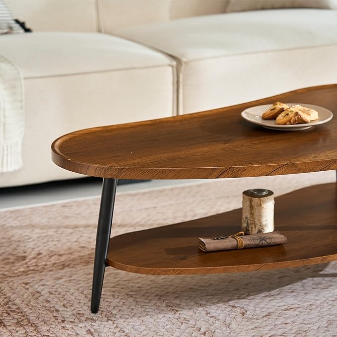 Saint Mossi Modern Coffee Table for Living Room, Mid-Century Mango Shaped Wood Coffee Table, 2-Tier Center Table for Small Space, Walnut Board, D47xW23.6xH15, Espresso