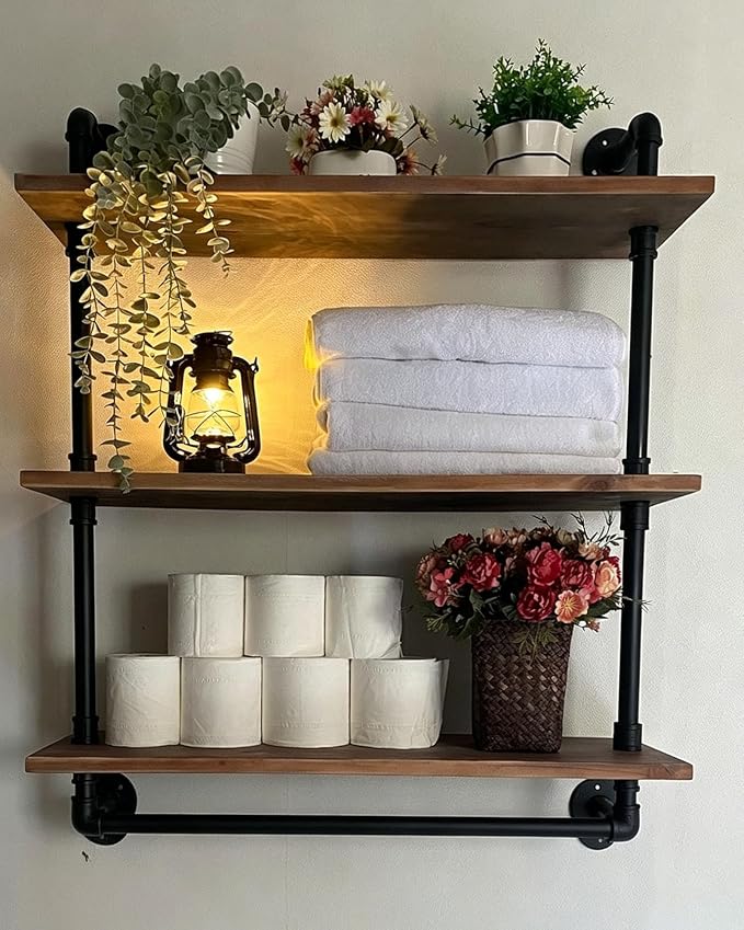 ROGMARS Industrial Floating Pipe Wall Shelves with Towel Rack,30 in Industrial Pipe Shelving Rustic Coffee Bar k Storage Wall Mounted Shelves for Living Room,Bathroom,Kitchen,Laundry Room