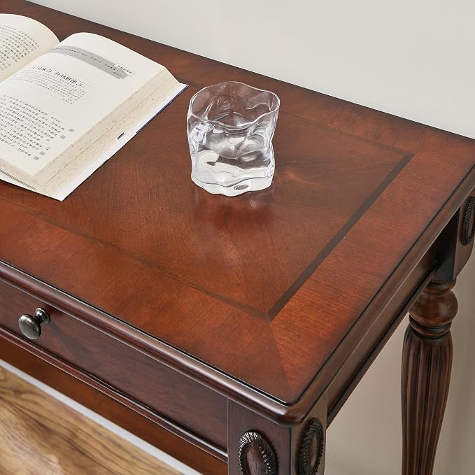 LEEMTORIG Vintage Solid Wood Writing Desk, Small Secretary Desk with 2 Drawers, 39.4" W Cherry Wood Writing Table for Home Office, Victorian French Provincial Desk, Cherry Walnut SSZ-1533-WD