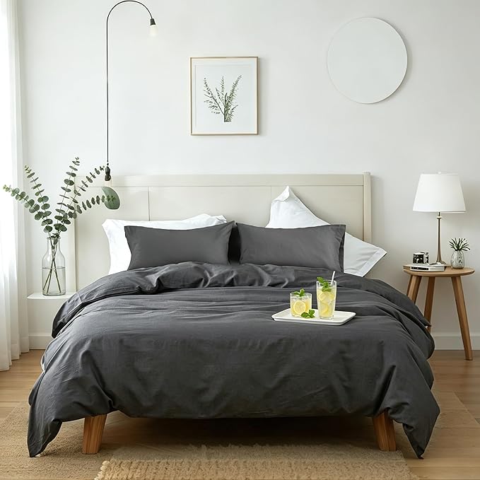 FALUCA French Linen Blend Duvet Cover Set 3Pcs Queen (88"x92") - Soft, Breathable, Cooling Farmhouse Bedding for Summer Hot Sleeper (Queen, Dark Grey)
