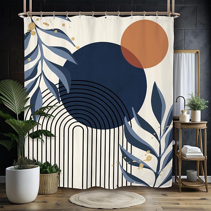 Miyotaa Abstract Navy Blue Shower Curtain Set 60Wx71H Inches Minimalist Aesthetic Modern Contemporary Plant Leaves Neutral Polyester Waterproof Cloth Bathroom Curtain with 12 Hooks