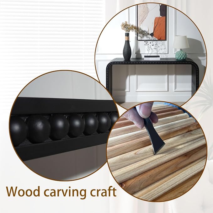 Wood Console Table, 59" Retro Long Sofa Table Behind Couch with Real Wood Beads Decor, Wooden Narrow Sofa Table Hall Table for Living Room Foyer Entrance Entryway, Black