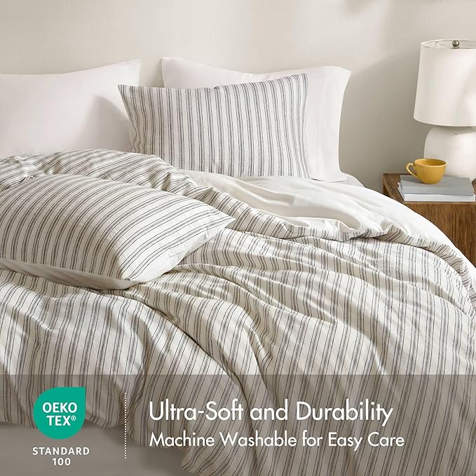 Madison Park Duvet Cover Set for Hot Sleepers - Linen Cotton Rayon Blend, King Size 3 Piece Set with Shams - Lightweight & Breathable Bedding, Grey Striped Design