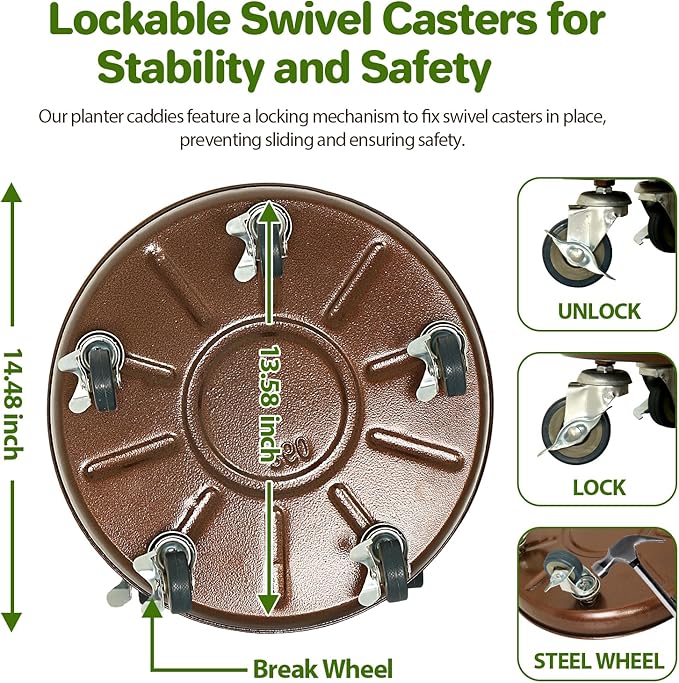 Plant Saucer 14" Rolling Plant Caddy Rolling Plant Stand with Wheels – Heavy Duty Metal, Locking, Sturdy, Rust-Resistant Finish, and Easy to Move, 390 lb Capacity, 2 Pack