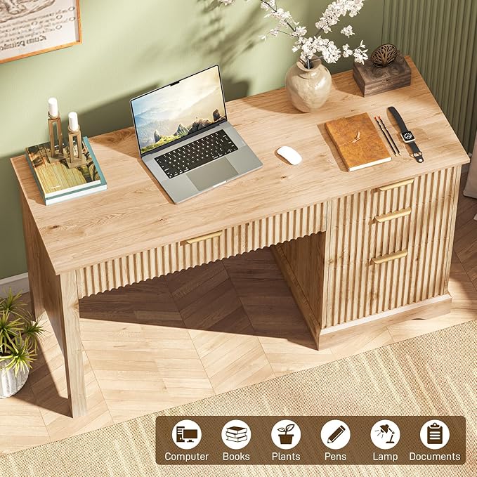 Vabches Fluted Executive Desk with Drawers, Wood Computer Desk with Ample File Drawer, Home Office Desk with Storage for Study, Bedroom, Living Room, Oak