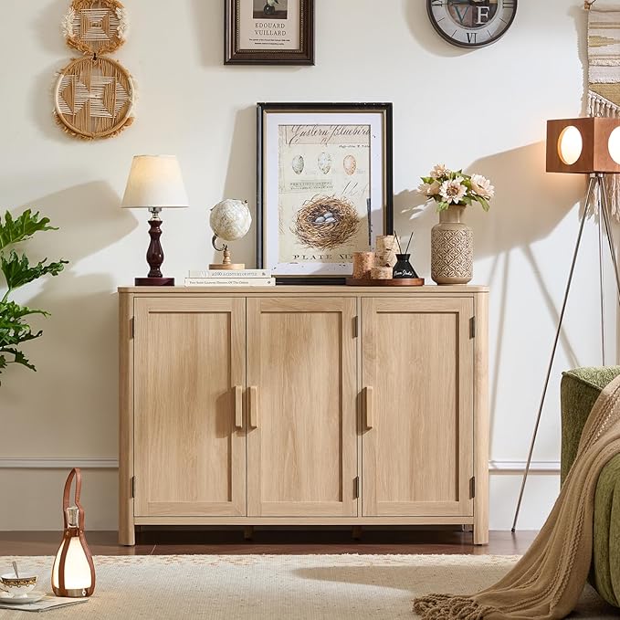 Sideboard Buffet Cabinet with Storage, 46" Arc-Shaped Credenza with 3 Doors & Adjustable Shelves, Mid Century Modern Coffee Bar Cabinet for Kitchen, Living Room, Entryway, Natural