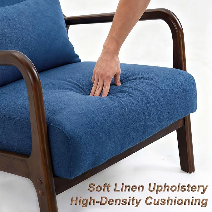 Mid Century Modern Accent Chair with Wooden Frame & Linen Upholstery, Comfortable Mid Century Lounge Chair with Pillow, Wooden Accent Chair for Living Room, Bedroom or Reading Corner