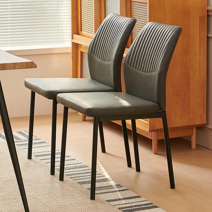 Dining Chairs Set of 2, PU Leather Dining Room Chairs, Comfortable Upholstered Kitchen Chair with Black Metal Legs for Living Room, Dining Room, Dark Grey