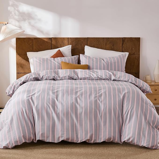 Merryword 100% Cotton Duvet Cover Set King Size - Gray and Pink Striped Bedding Set with Zipper & Corner Ties, 3-Piece Luxury Linen Like Bedding Set for All Seasons