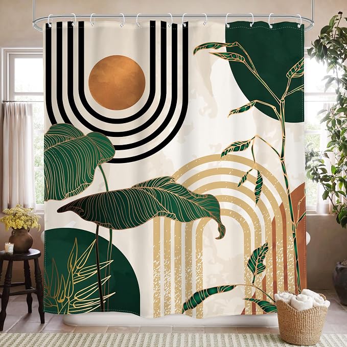 Glawry Green Boho Shower Curtain 60Wx72L Inches, Abstract Retro Mid Century Shower Curtains for Bathroom Decor,Minimalist Tropical Modern Shower Curtain Set Home Decor 12 Pack Hooks