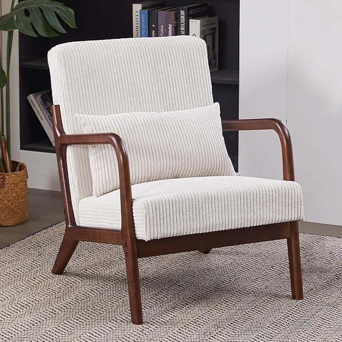 Accent Chairs, Mid Century Modern Chair with Pillow, Arm Chair with Solid Wood, Reading Relaxing Leisure Chair for Living Room, Waiting Room, White