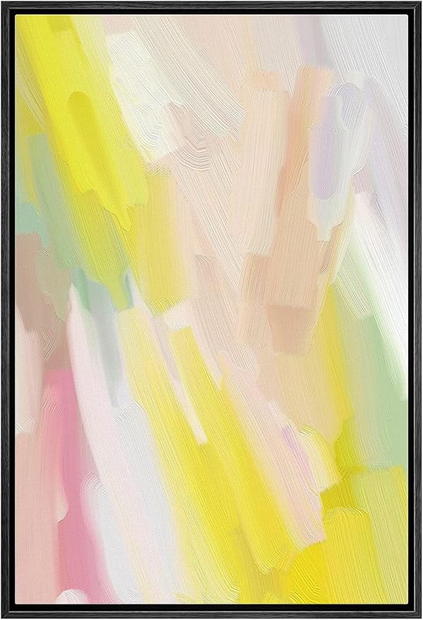 MUDECOR Framed Canvas Print Wall Art Pastel Yellow, Pink & Green Color Field Abstract Shapes Watercolor Modern Art Contemporary Multicolor Ultra for Living Room, Bedroom, Office - 16"x24" Black