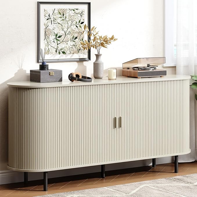Buffet Cabinet with Storage, Fluted Sideboard Buffet with Sliding Door, Coffee Bar Cabinet with Adjustable Shelf, Console Table, Accent Table for Entryway, Kitchen (Natural White, 63 Inch)