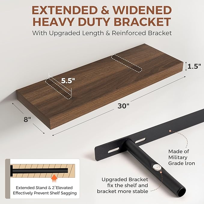 Dreamland 30 Inch Floating Shelves for Wall,8 Inch Deep Floating Shelves,30" W x 8" D Wall Shelves for Bedroom,Living Room, Kitchen,Bathroom,Walnut,Set of 2