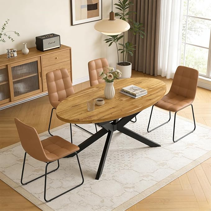 63"-78.7" Extendable Round Dining Table Set for 4, 5 Piece Mid Century Modern Oval Kitchen Table Set, Large Dining Table with 4 Dining Chairs for Living Room Space Saving（Walnut Table+4 Brown Chairs)