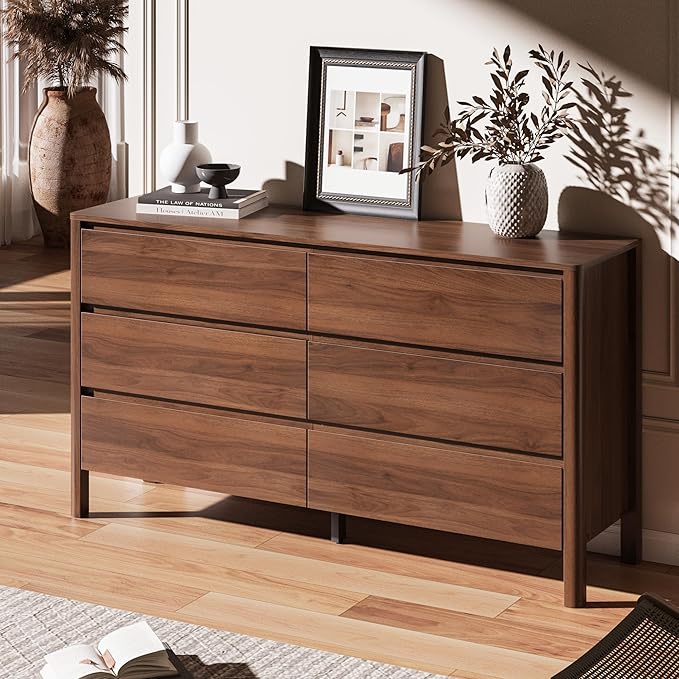 Walnut Dresser for Bedroom, 55.1" Wide Dresser with 6 Drawers and Hidden Handles, Modern Wood Chest of Drawers for Clothes and Accessories, Stylish Storage Cabinet for Living Room, Entryway
