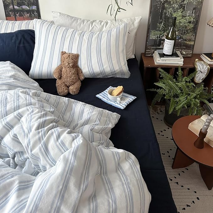 mixinni Vintage Blue & White Striped Duvet Cover Set - 3 Piece 100% Washed Cotton Twin Size Bedding | Minimalist Relaxed Style | Ultra Soft Breathable, with Zipper Closure & Corner Ties-Twin Size