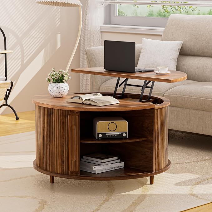 Round Lift Top Coffee Table, 31.5” Fluted Wood Lift Up Center Table with Sliding Door & Hidden Storage, Mid Century Modern Coffee Table for Living Room & Home Office (Walnut)