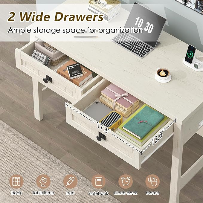 YOMILUVE Farmhouse Computer Desk with 2 Drawers, 39 Inch Small Office Computer Desk with Power Outlets, Compact Writing Study Vanity Desk for Small Spaces, White