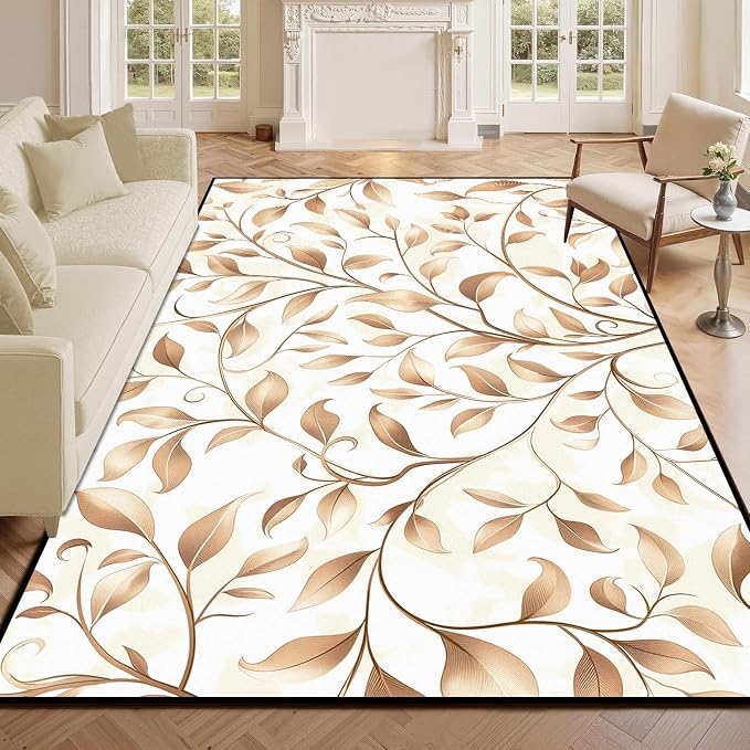 Botanical Leaf Vine Area Rug Beige Floral Branch Print Rug for Entryway Bedroom Living Room Kitchen Home Decor Non-Slip Washable Floor Mat Modern Farmhouse Carpet,2'x3'