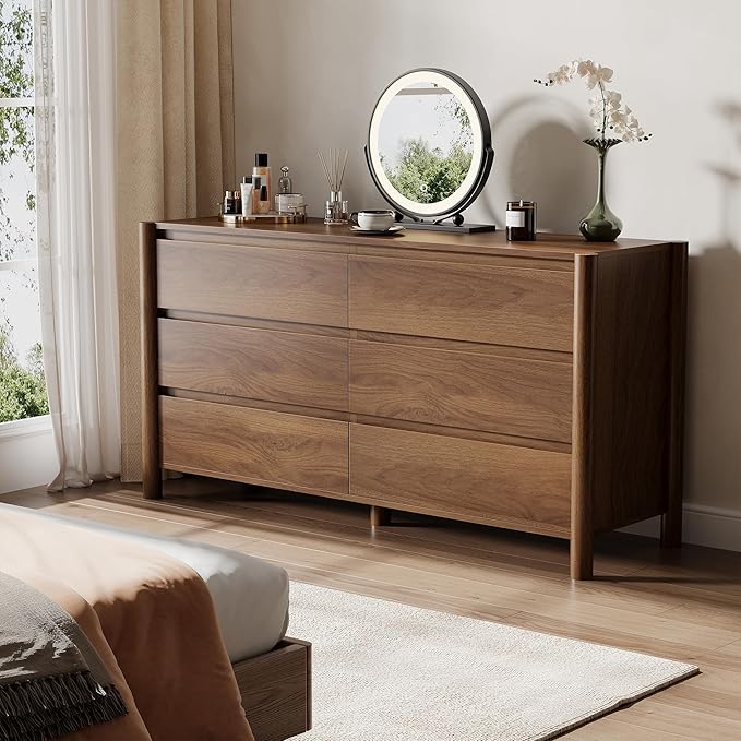 47" Wide 6-Drawer Dresser, Farmhouse Storage Chest with Solid Wood Legs, Large Organizer TV Stand for Bedroom, Living Room & Hallway, Walnut Finish