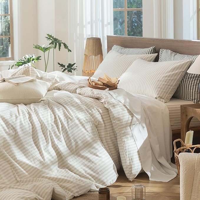 MooMee Striped Duvet Cover Set 100% Washed Cotton Linen Like Textured Breathable Durable Soft Comfy (Almond Milk Grey Classic Stripes, Oversized Full 82"x86")