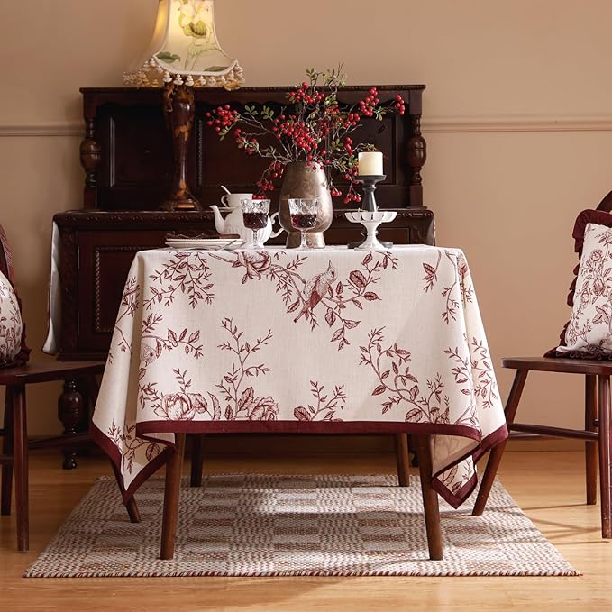 ISAENNE Designer Vintage Linen Extra Long Rectangle Tablecloth,Red Floral Pattern Linen Stain Resistant Table Cloth,Decor Tablecloths for Dining Thanksgiving Kitchen Party,63"*110"-Harmony